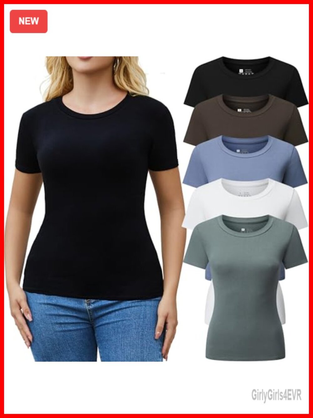 Women's 5 Pack Stretchy Slim Fit Crop T-Shirts Crew Neck Short Sleeve